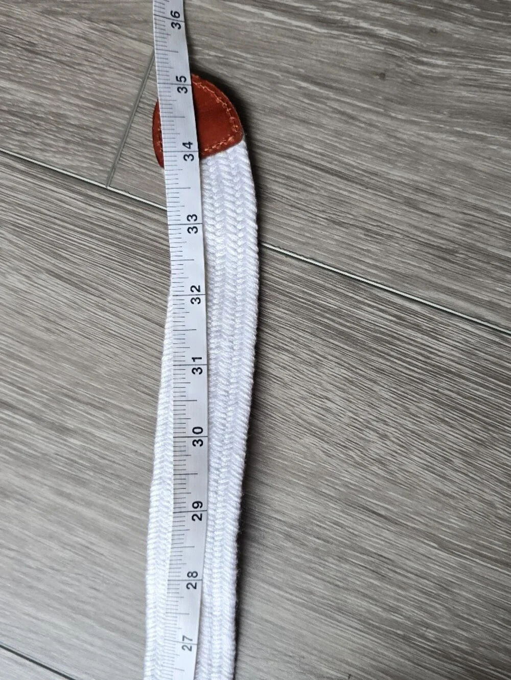 Talbots White Woven Stretch Belt Cognac Leather Round Buckle Preppy Coastal M